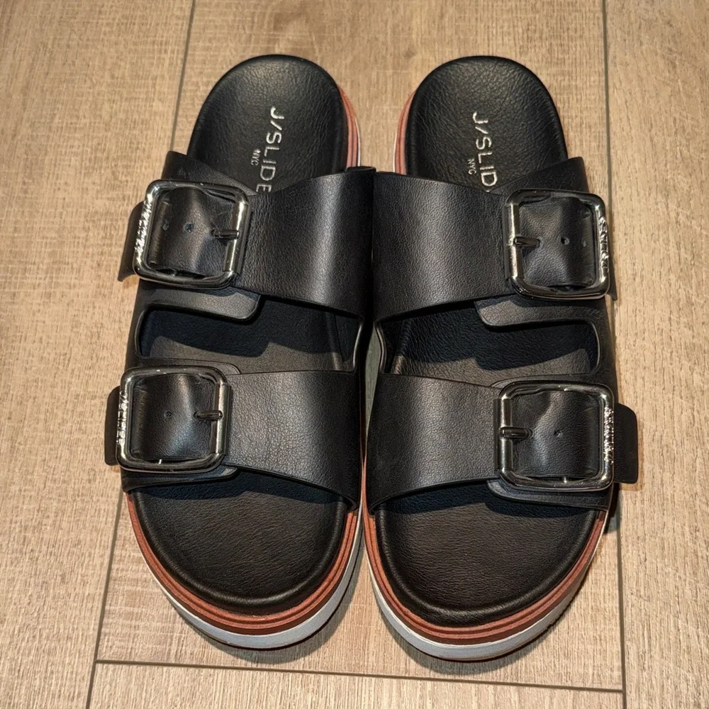 J/SLIDE Bowie Black Double Buckle Platform Slide Sandals - Picture 1 of 6